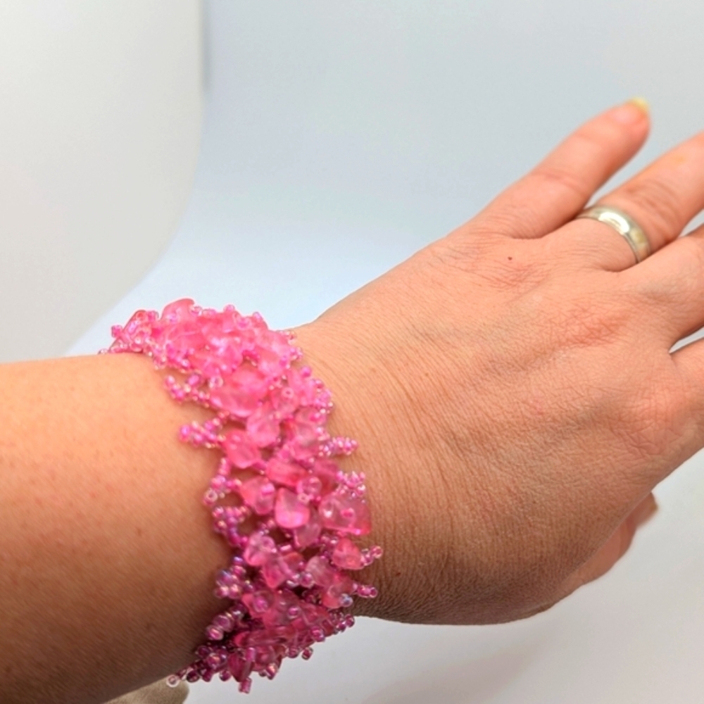 Pink crystal chip beaded bracelet handmade